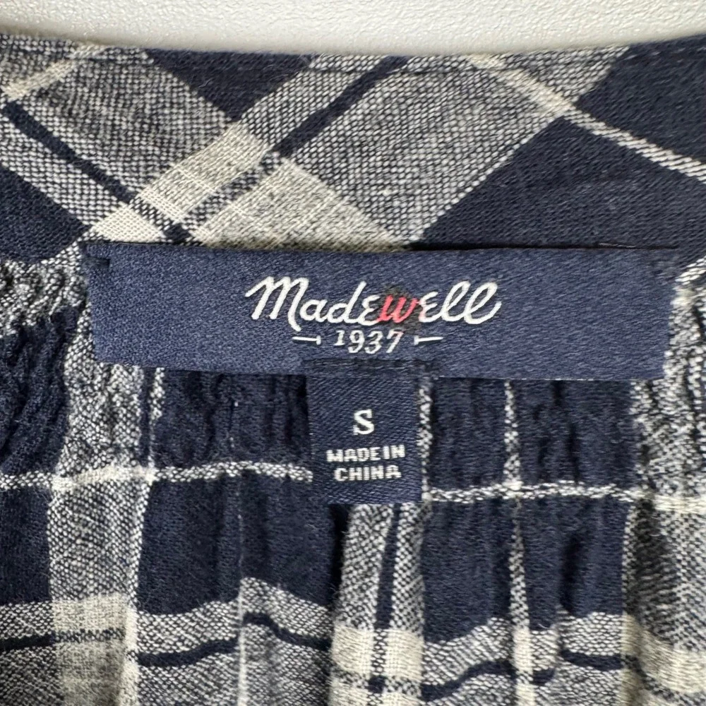 Madewell Plaid Cotton Linen Blouse Top Womens‎ S Navy Blue White Tassel Tie